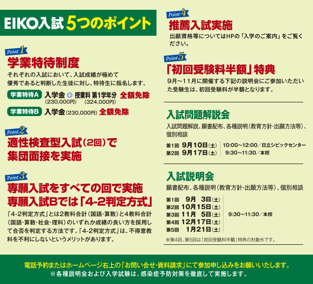 EIKO入試5つのポイント Point1学業特待制度、Point2適性検査型入試（２回）で集団面接を実施、Point3専願入試をすべての回で実施専願入試Bでは「4-2判定方式」，Point4推薦入試実施，Point5「初回受験料半額」特典